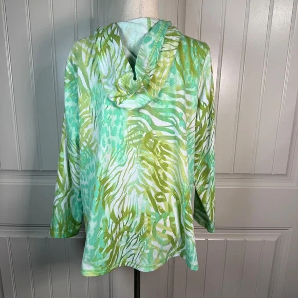 Susan Graver Weekend Hooded Tunic Women XLP Green Animal Print Resort Tropical - Picture 3 of 9